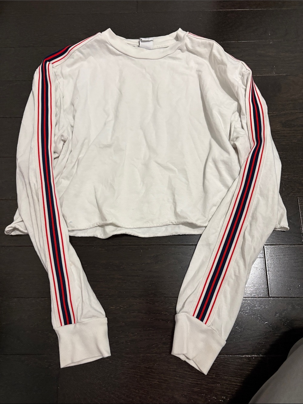 White Long-Sleeve Top with Red & Blue Stripes